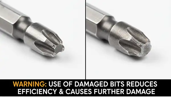 Stripped screw head and damaged screwdriver bit showing results of using wrong bit size or worn tools