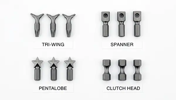Specialty screwdriver bit sizes including tri-wing, spanner, pentalobe, and clutch head for security and electronics